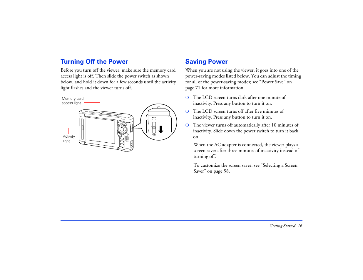 Turning off the power, Saving power, Turning off the power saving power | Epson Multimedia Photo Viewer P-6000 User Manual | Page 16 / 97