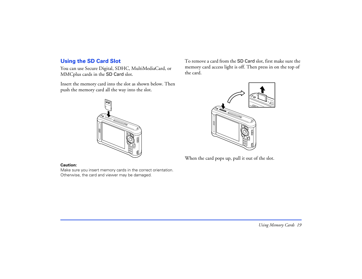 Using the sd card slot | Epson Multimedia Photo Viewer P-6000 User Manual | Page 19 / 97