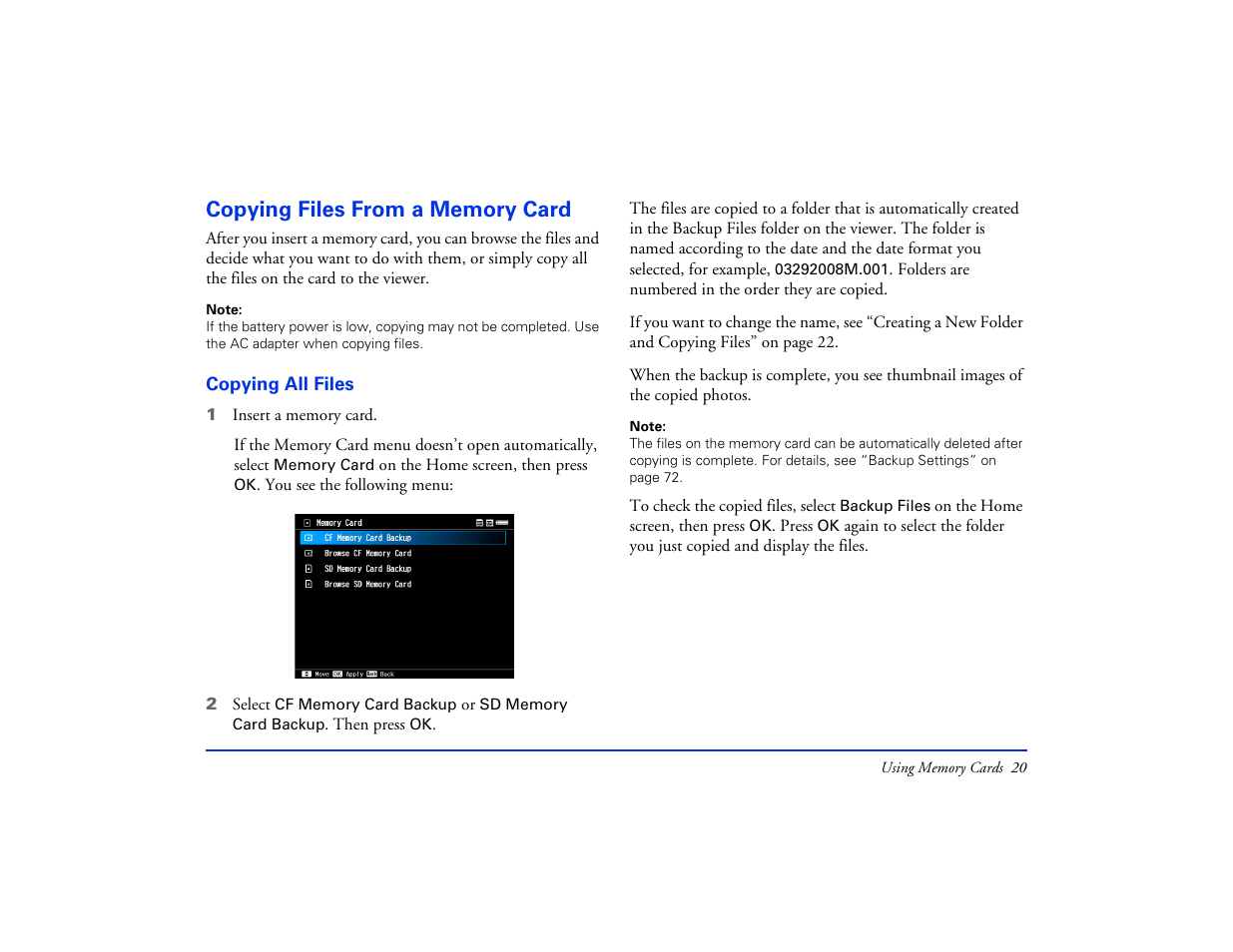 Copying files from a memory card, Copying all files | Epson Multimedia Photo Viewer P-6000 User Manual | Page 20 / 97
