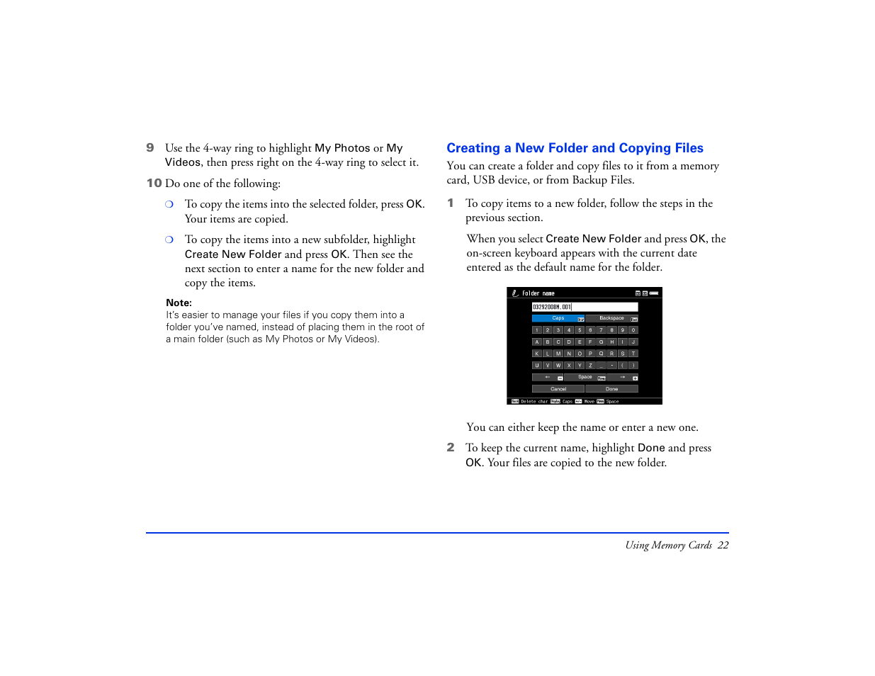 Creating a new folder and copying files | Epson Multimedia Photo Viewer P-6000 User Manual | Page 22 / 97