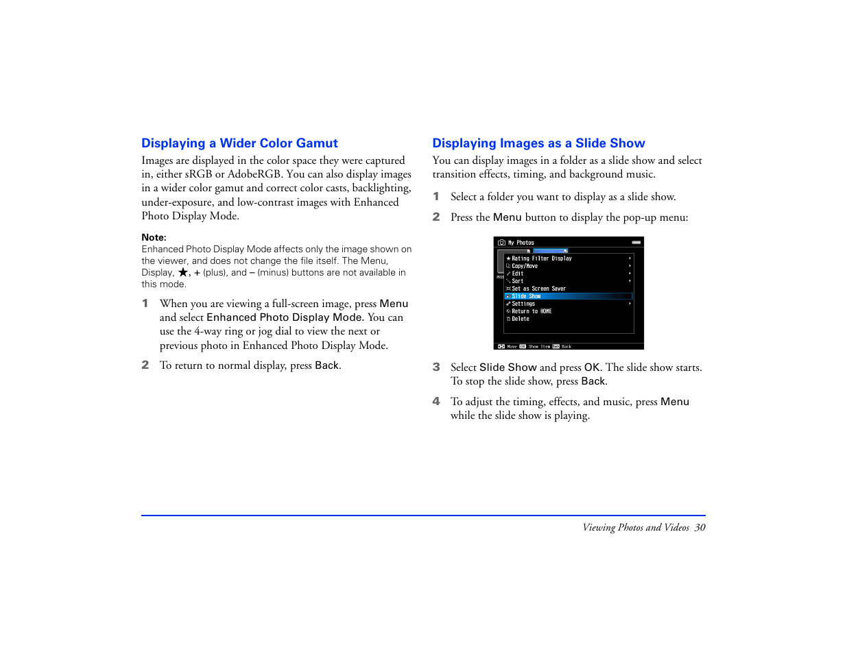 Displaying a wider color gamut, Displaying images as a slide show | Epson Multimedia Photo Viewer P-6000 User Manual | Page 30 / 97