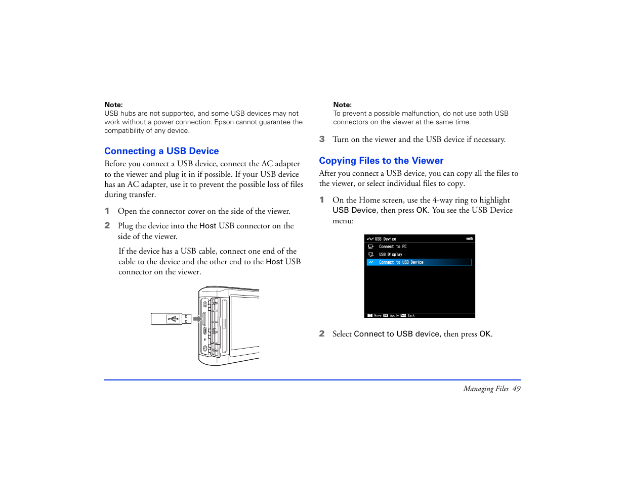 Connecting a usb device, Copying files to the viewer | Epson Multimedia Photo Viewer P-6000 User Manual | Page 49 / 97
