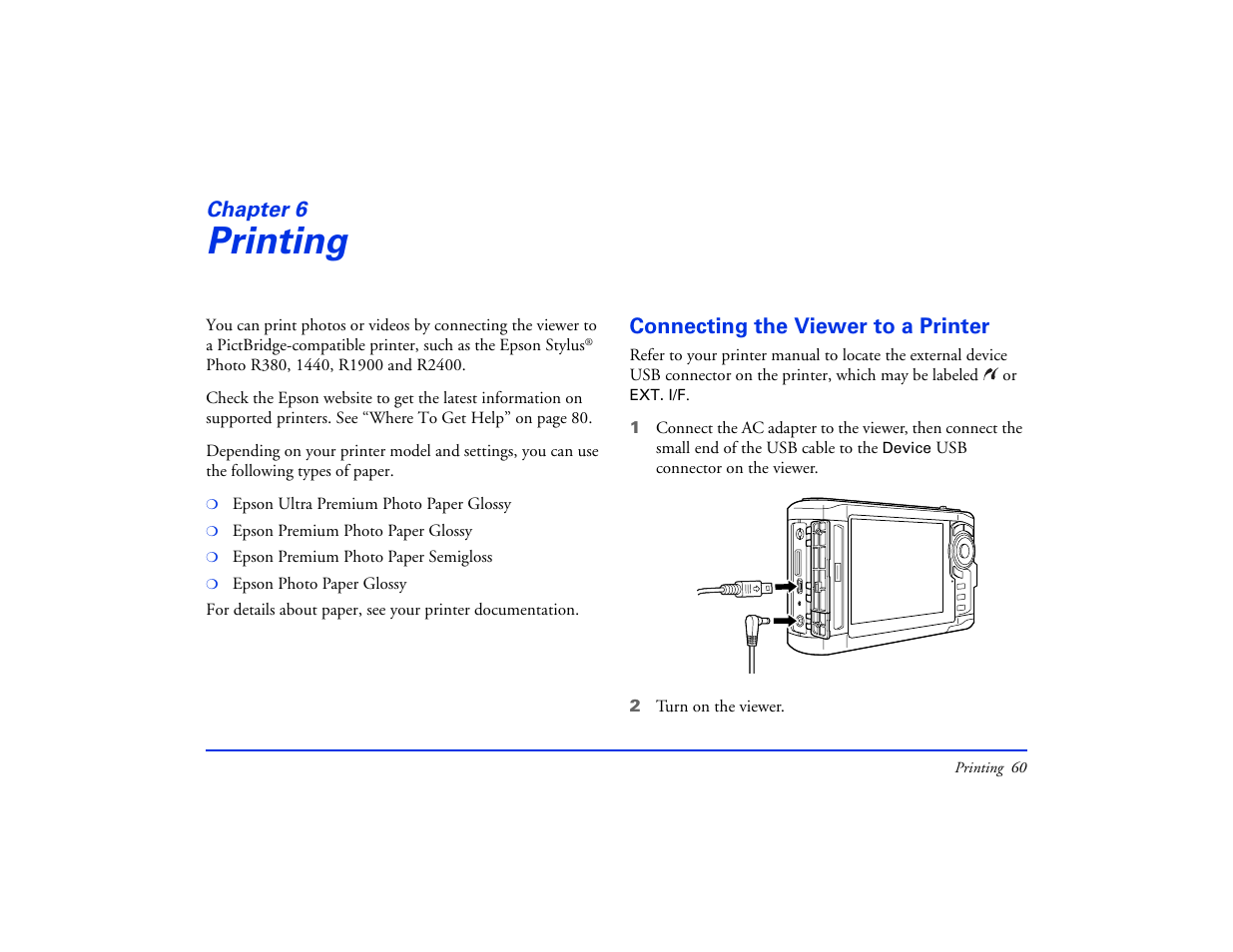 Printing, Connecting the viewer to a printer, Chapter 6 printing | Epson Multimedia Photo Viewer P-6000 User Manual | Page 60 / 97