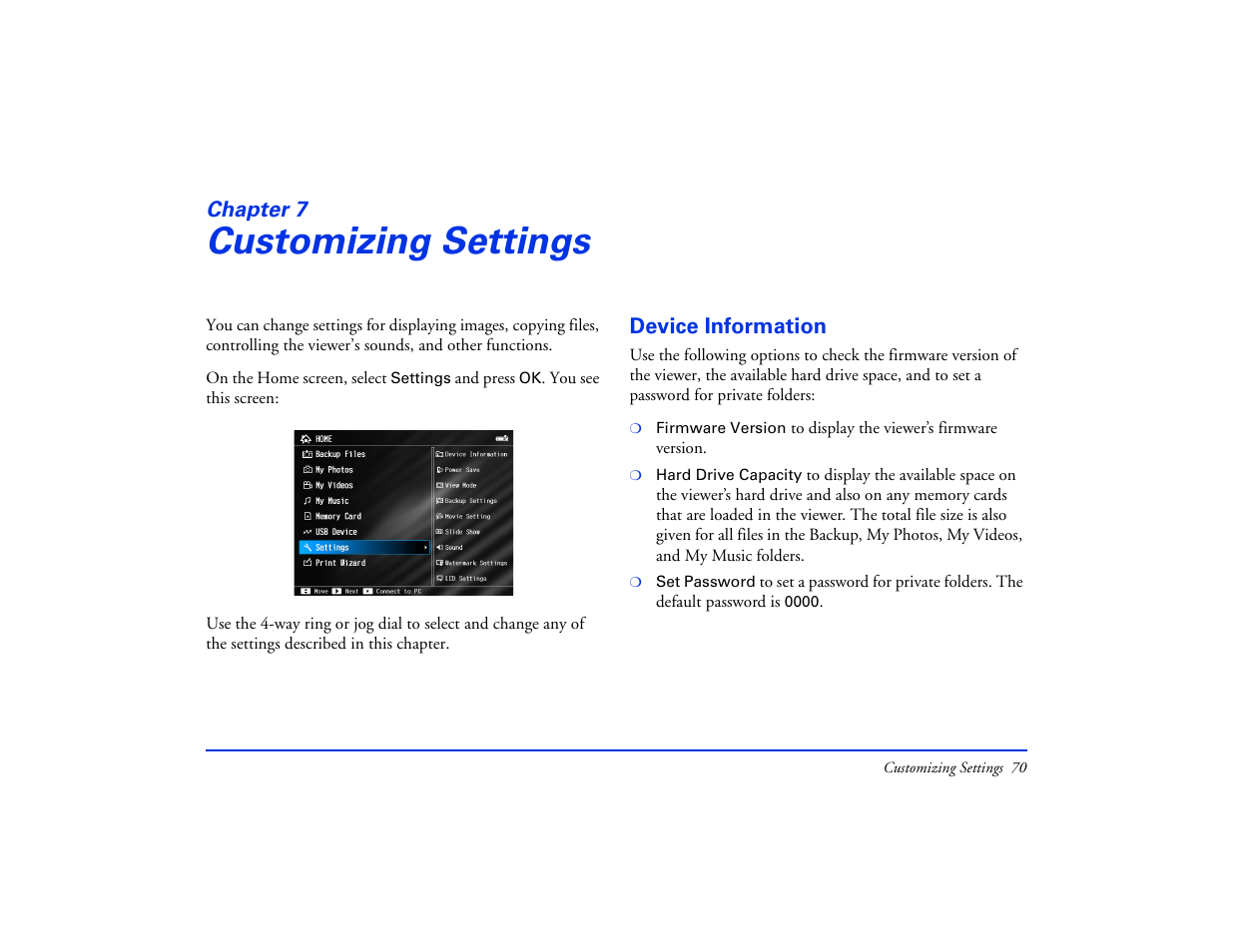 Customizing settings, Device information, Chapter 7 customizing settings | Epson Multimedia Photo Viewer P-6000 User Manual | Page 70 / 97