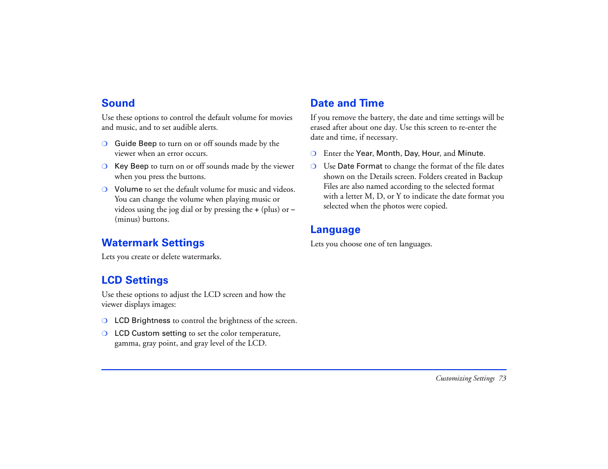 Sound, Watermark settings, Lcd settings | Date and time, Language | Epson Multimedia Photo Viewer P-6000 User Manual | Page 73 / 97