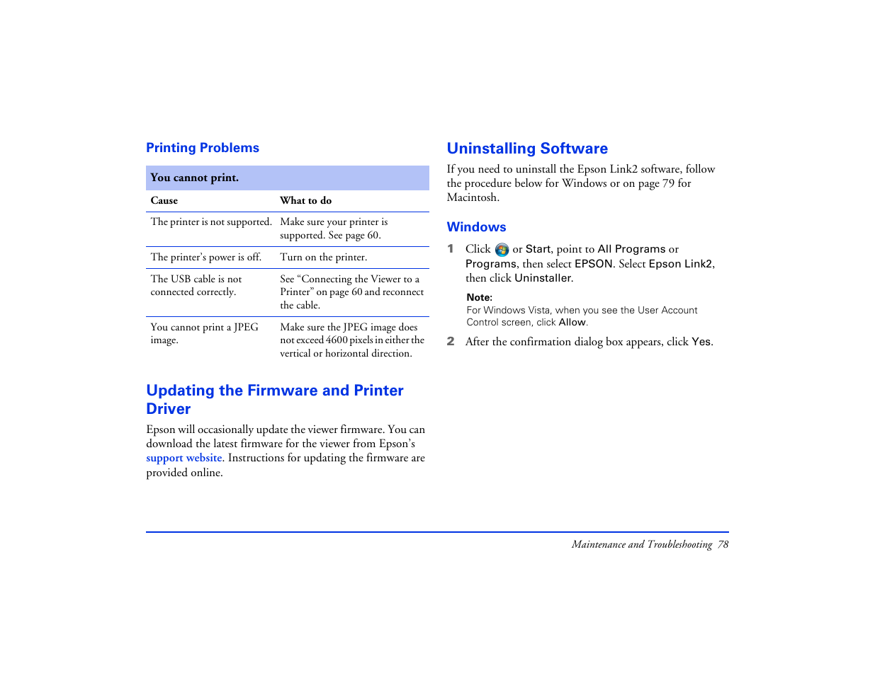 Printing problems, Updating the firmware and printer driver, Uninstalling software | Windows | Epson Multimedia Photo Viewer P-6000 User Manual | Page 78 / 97