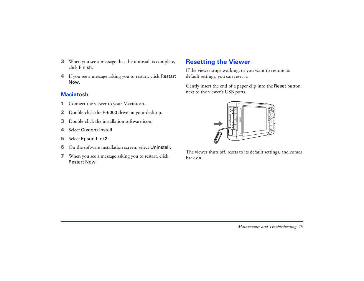 Macintosh, Resetting the viewer | Epson Multimedia Photo Viewer P-6000 User Manual | Page 79 / 97