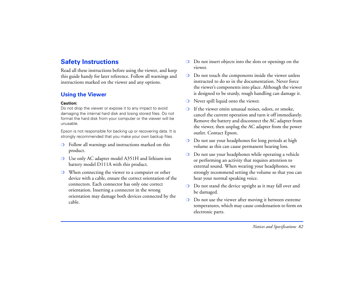 Safety instructions | Epson Multimedia Photo Viewer P-6000 User Manual | Page 82 / 97