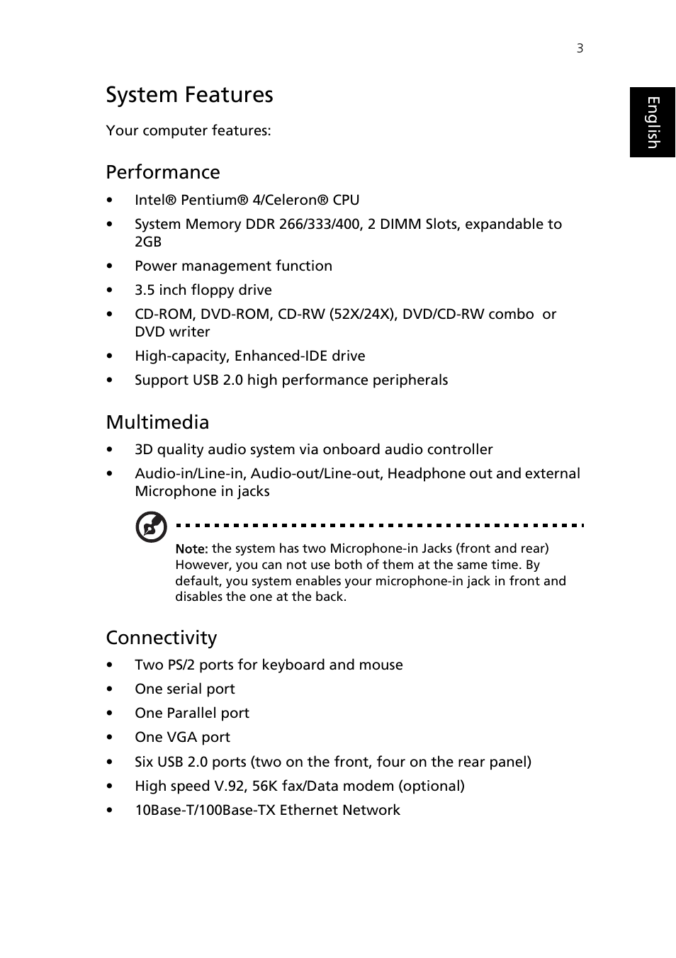 System features, Performance, Multimedia | Connectivity | Epson AcerPower F1 User Manual | Page 11 / 24