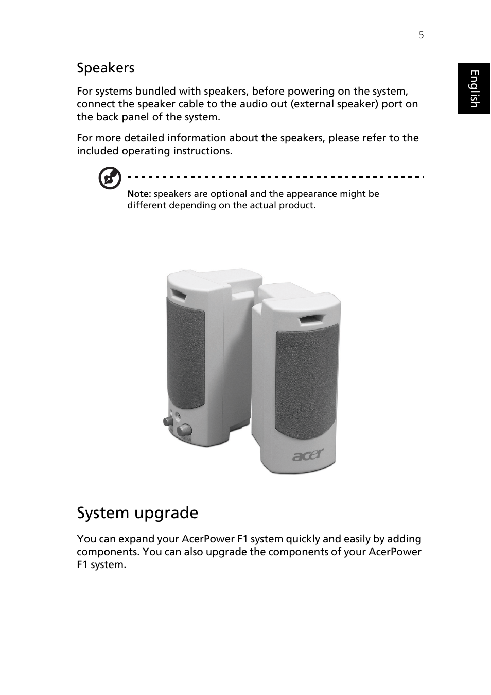 System upgrade, Speakers | Epson AcerPower F1 User Manual | Page 13 / 24