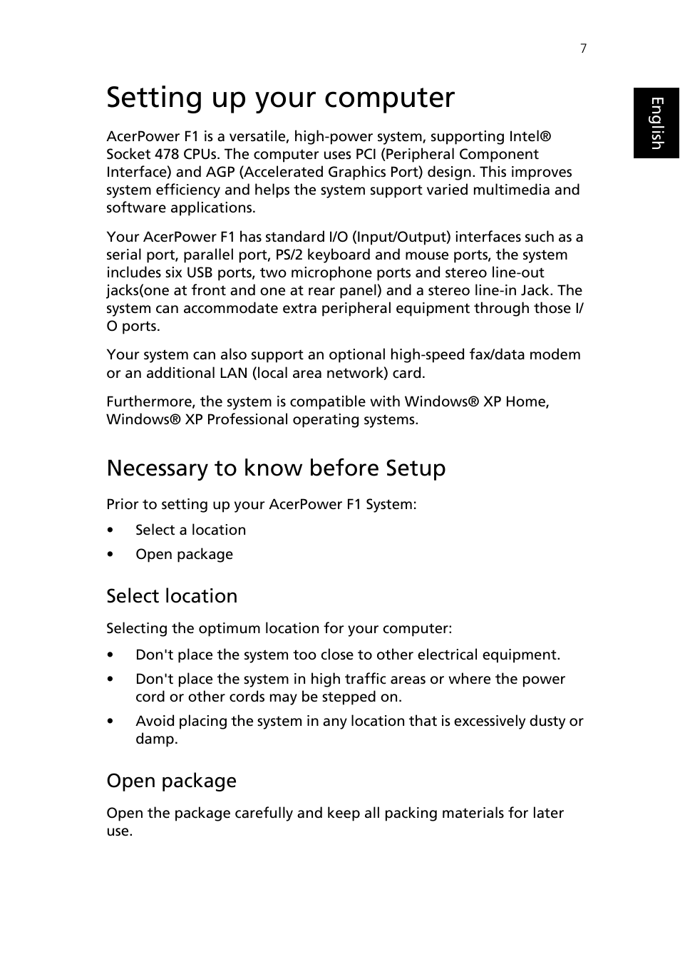 Setting up your computer, Necessary to know before setup, Select location | Open package | Epson AcerPower F1 User Manual | Page 15 / 24
