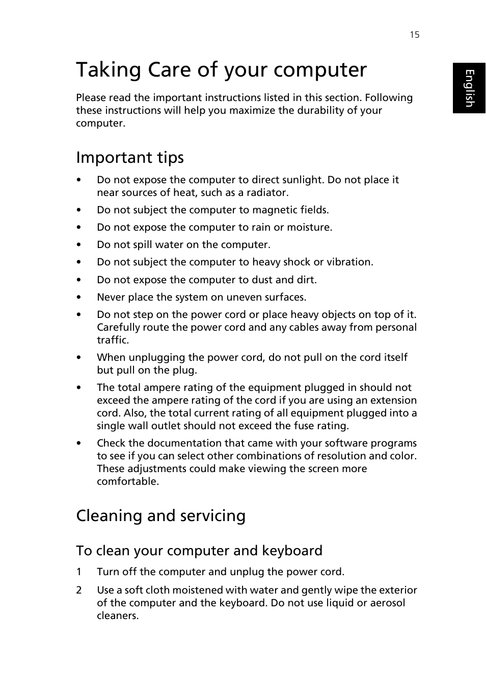Taking care of your computer, Important tips, Cleaning and servicing | To clean your computer and keyboard | Epson AcerPower F1 User Manual | Page 23 / 24