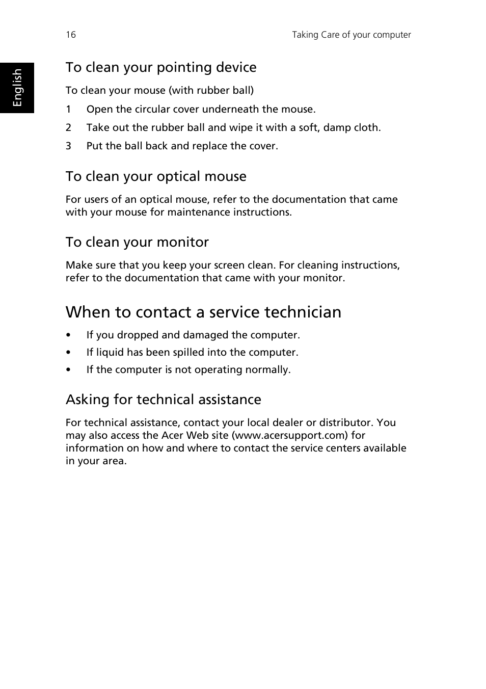 When to contact a service technician, To clean your pointing device, To clean your optical mouse | To clean your monitor, Asking for technical assistance | Epson AcerPower F1 User Manual | Page 24 / 24