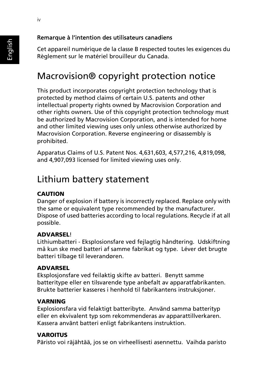 Macrovision® copyright protection notice, Lithium battery statement | Epson AcerPower F1 User Manual | Page 4 / 24