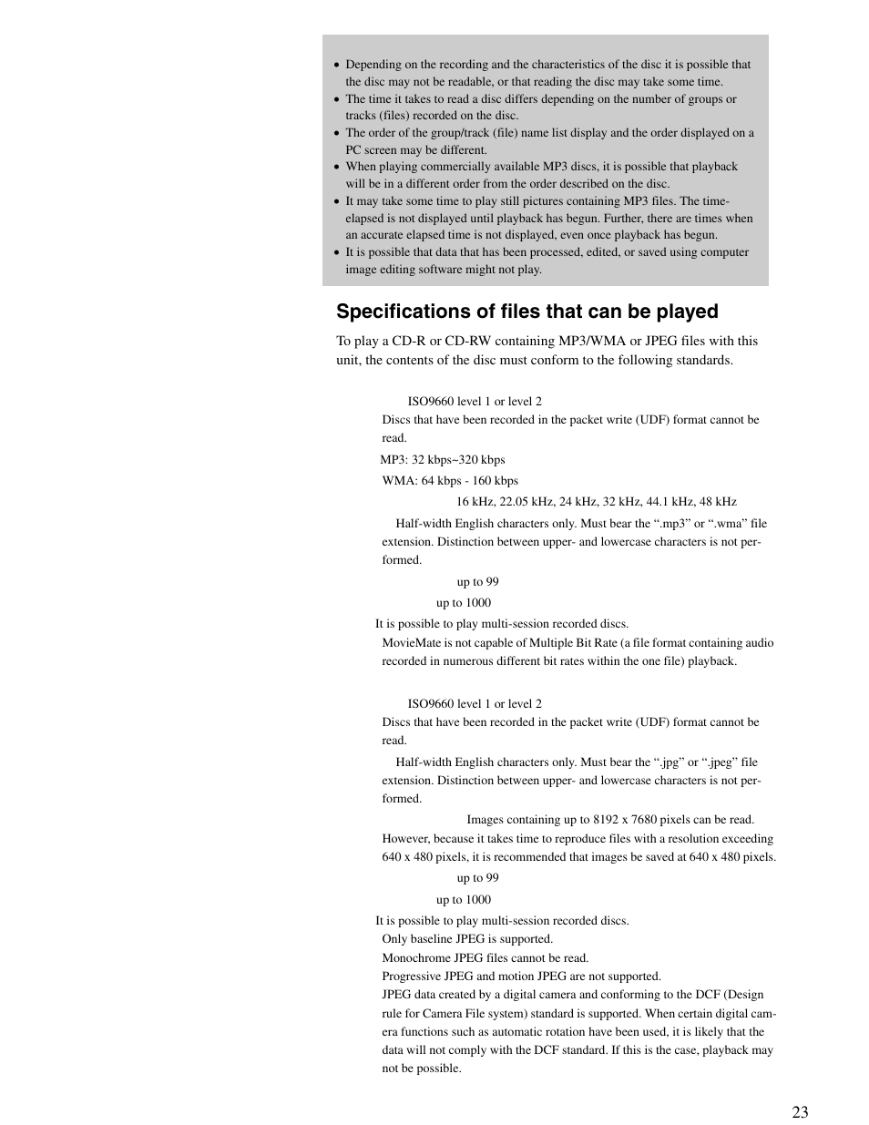Specifications of files that can be played, 23 adv anced o per ations | Epson 25 User Manual | Page 23 / 76