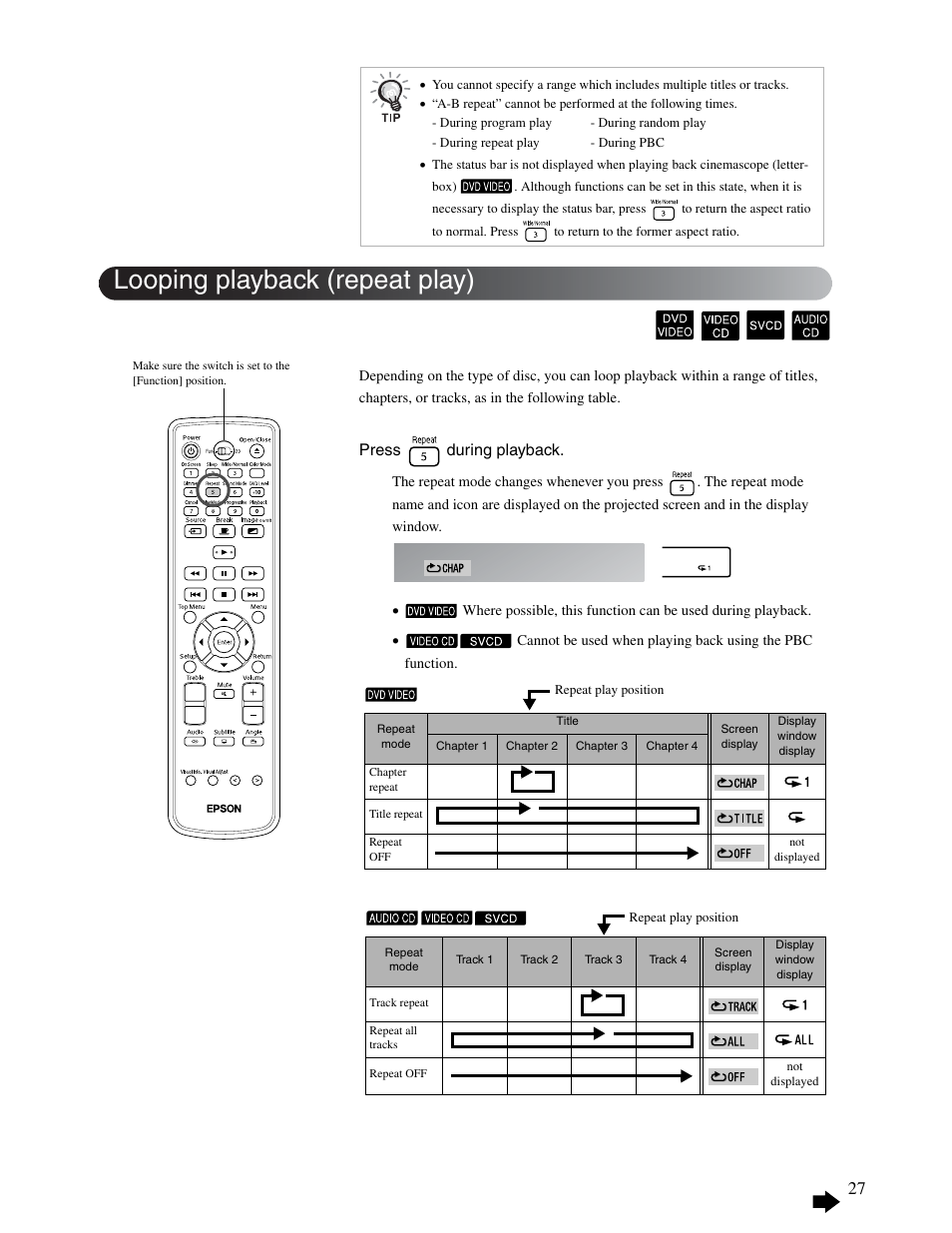 Looping playback (repeat play), 27 adv a nced oper ations | Epson 25 User Manual | Page 27 / 76