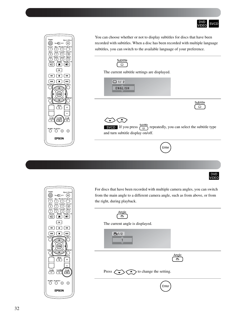Changing the subtitle display, Changing the camera angle | Epson 25 User Manual | Page 32 / 76