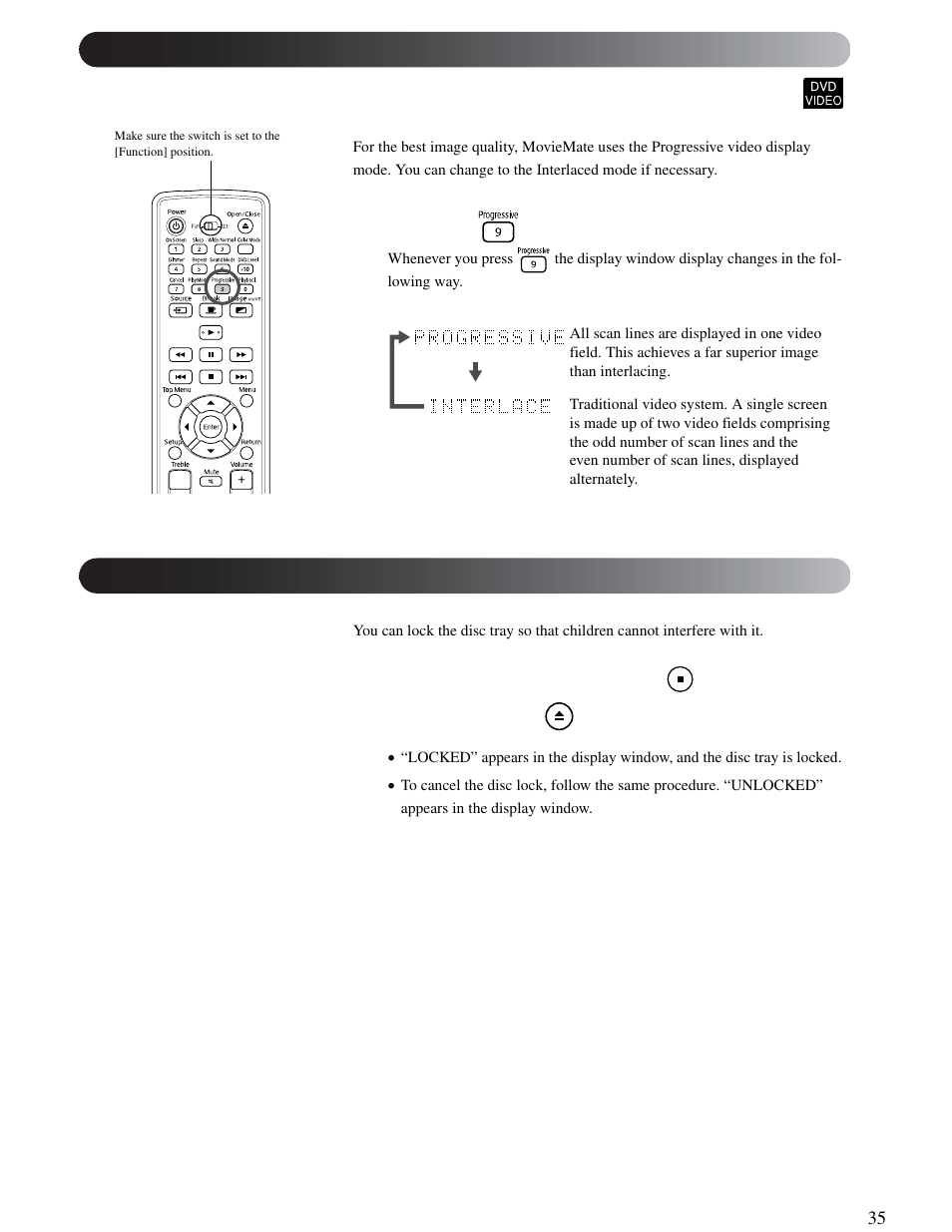 Changing from progressive to interlaced mode, Locking the tray | Epson 25 User Manual | Page 35 / 76
