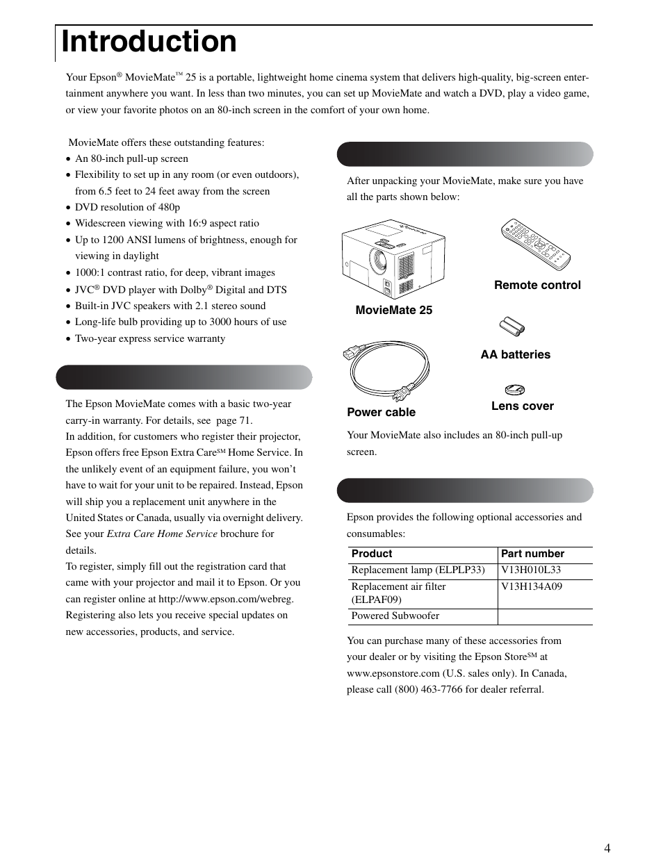 Introduction, Registration and warranty, Unpacking | Accessories | Epson 25 User Manual | Page 4 / 76