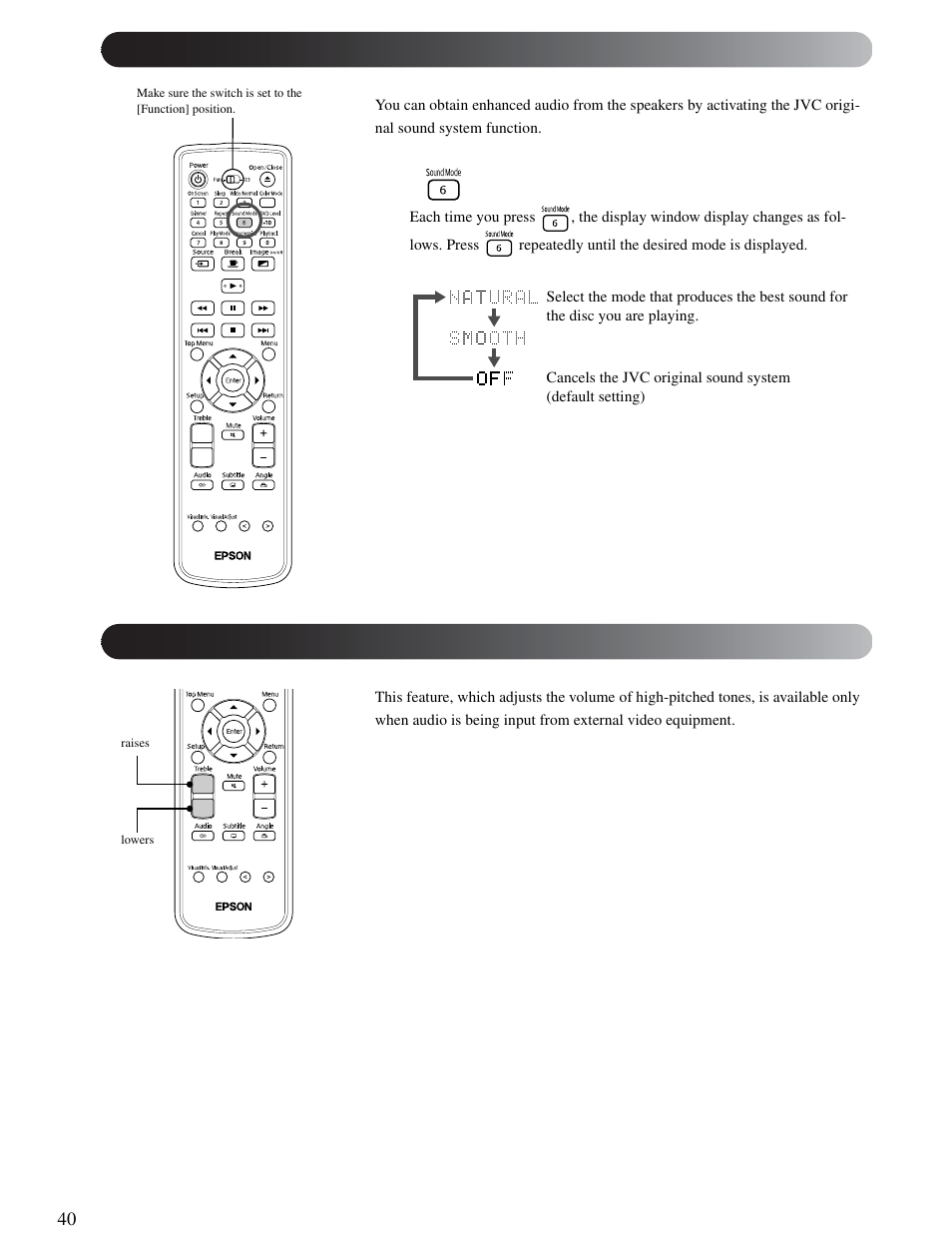 Selecting the sound mode, Adjusting high-pitched tones | Epson 25 User Manual | Page 40 / 76