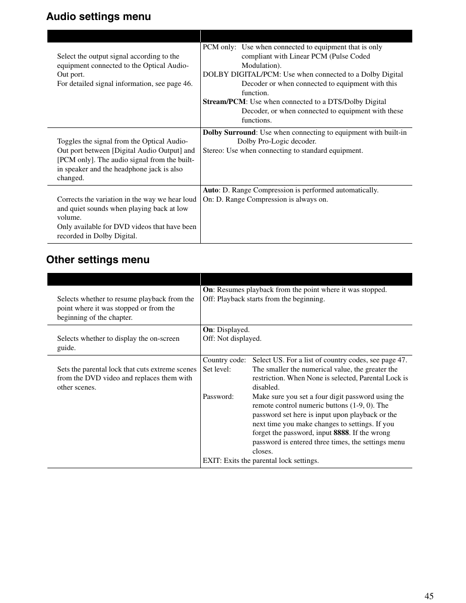 Audio settings menu other settings menu | Epson 25 User Manual | Page 45 / 76