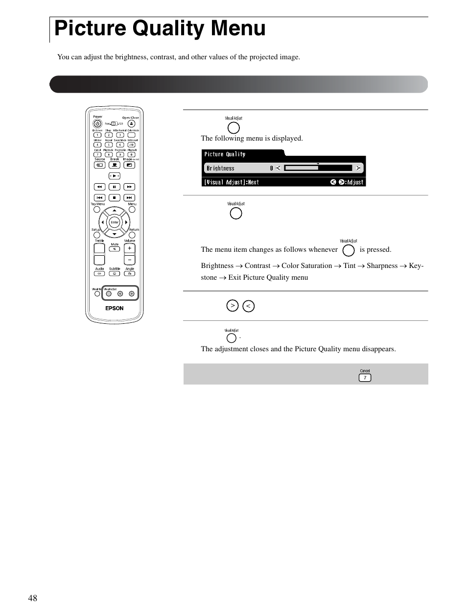 Picture quality menu, Using the picture quality menu | Epson 25 User Manual | Page 48 / 76