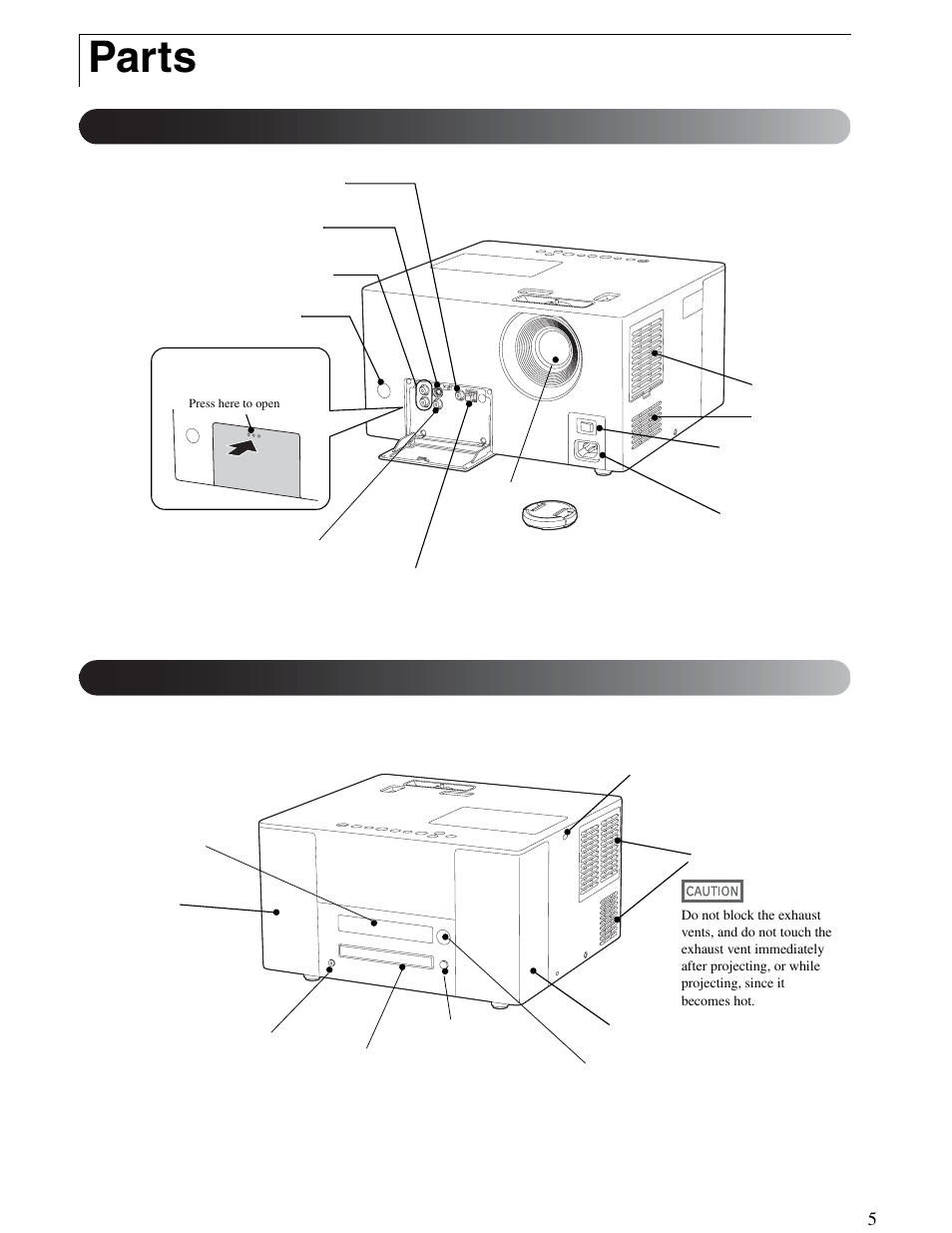 Parts, Front, Back | Epson 25 User Manual | Page 5 / 76