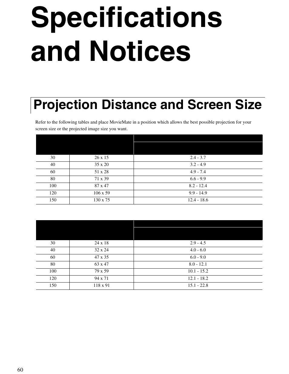 Specifications and notices, Projection distance and screen size | Epson 25 User Manual | Page 60 / 76