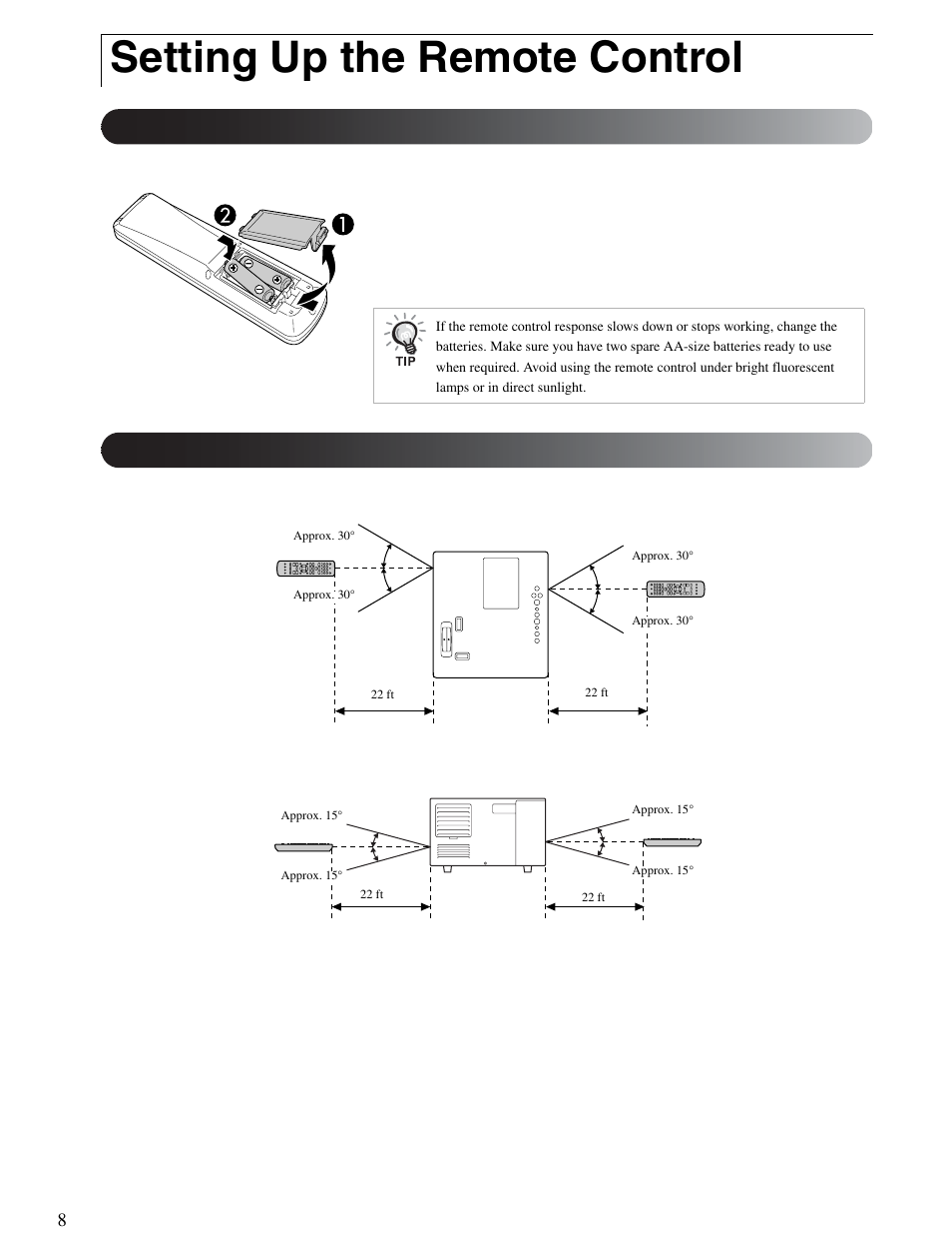 Setting up the remote control, Inserting the batteries, Remote control usage range | Inserting the batteries remote control usage range | Epson 25 User Manual | Page 8 / 76