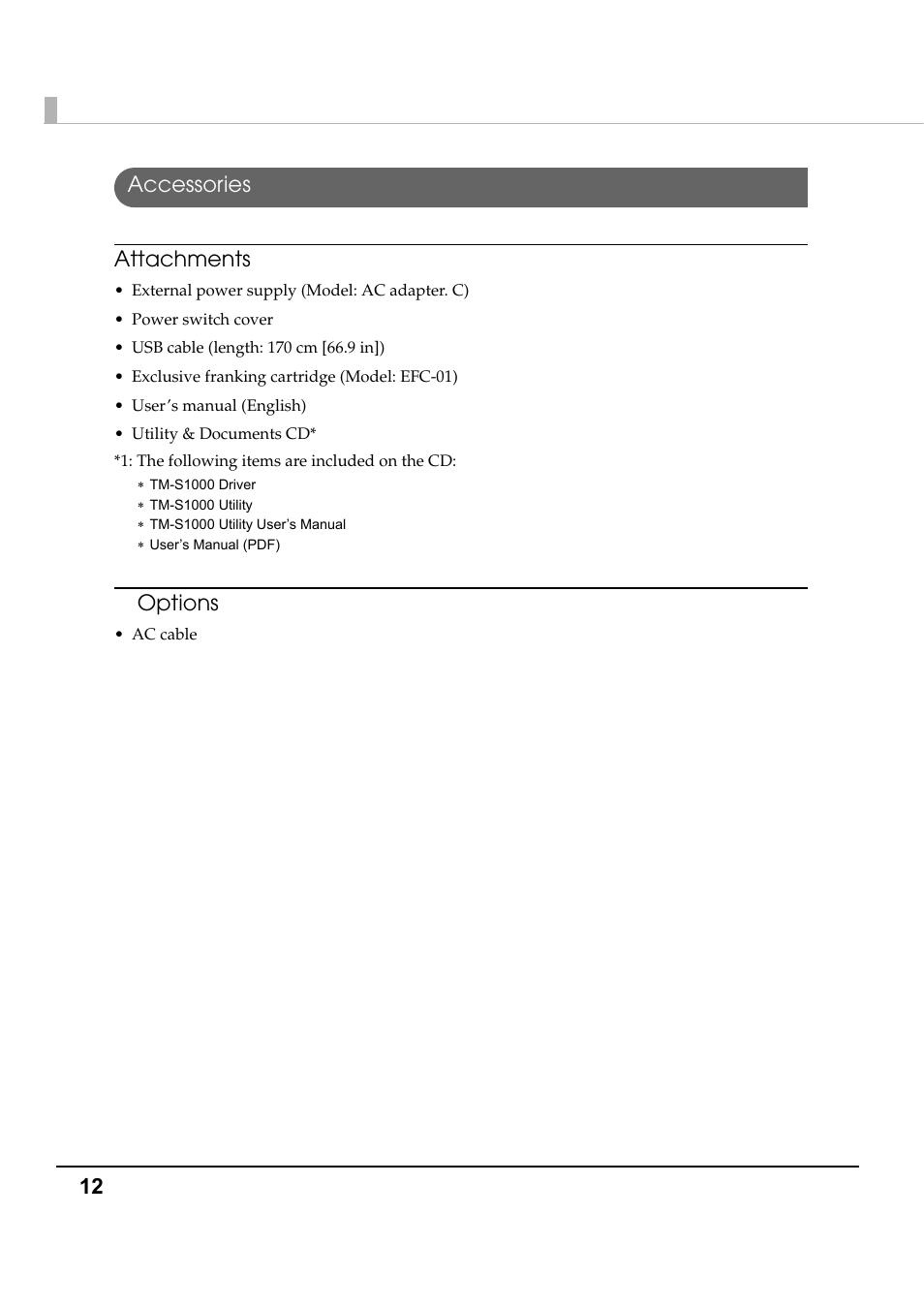 Accessories, 12 accessories attachments, Options | Epson TM-S1000 User Manual | Page 12 / 58