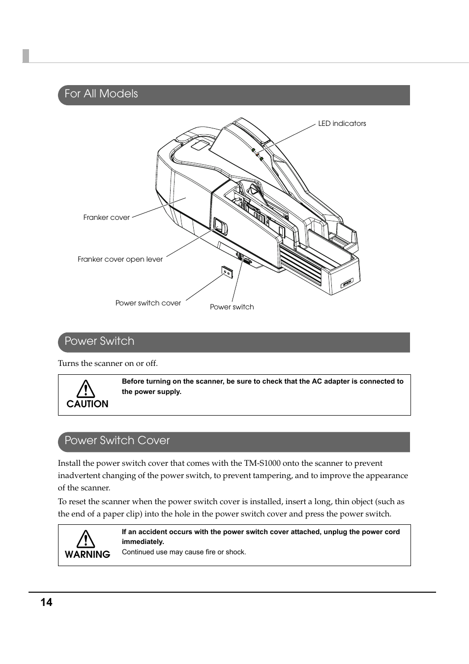 For all models, Power switch, Power switch cover | For all models power switch power switch cover, 14 for all models power switch | Epson TM-S1000 User Manual | Page 14 / 58