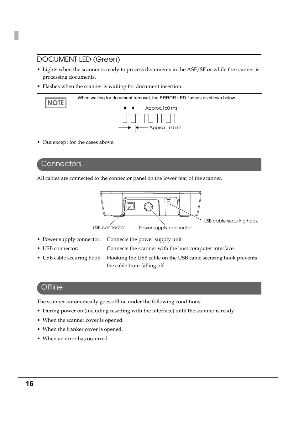 Connectors, Offline, Connectors offline | 16 document led (green) | Epson TM-S1000 User Manual | Page 16 / 58