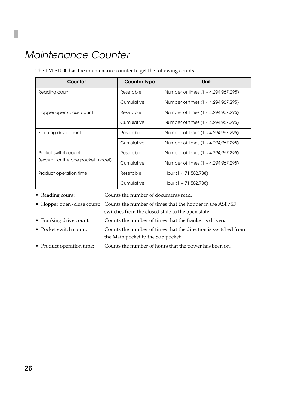 Maintenance counter | Epson TM-S1000 User Manual | Page 26 / 58