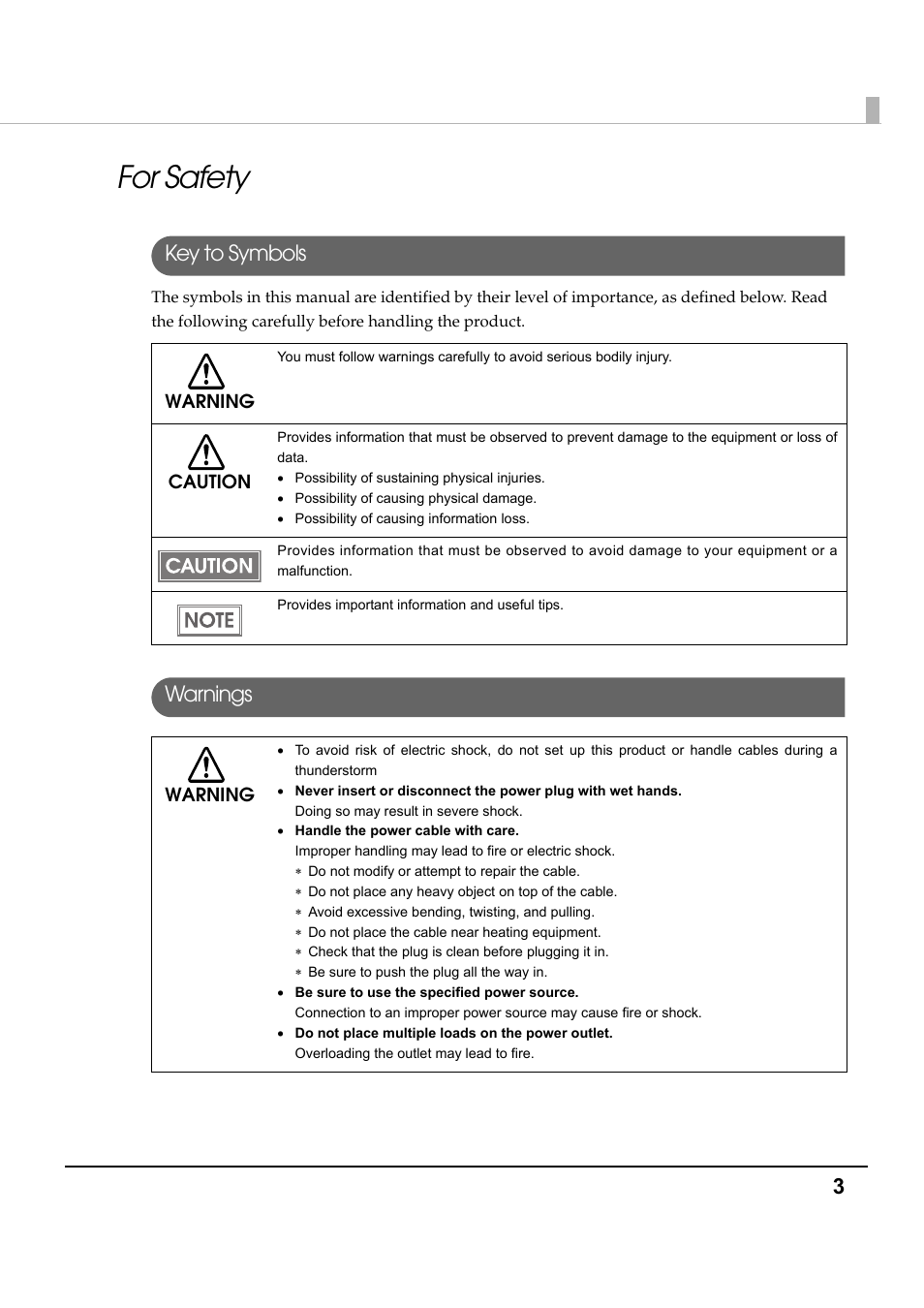 For safety, Key to symbols, Warnings | Epson TM-S1000 User Manual | Page 3 / 58