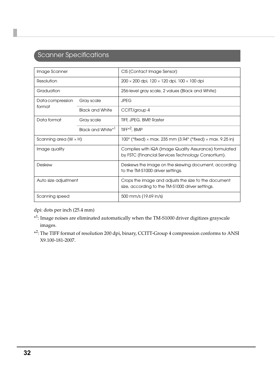 Scanner specifications, 32 scanner specifications | Epson TM-S1000 User Manual | Page 32 / 58