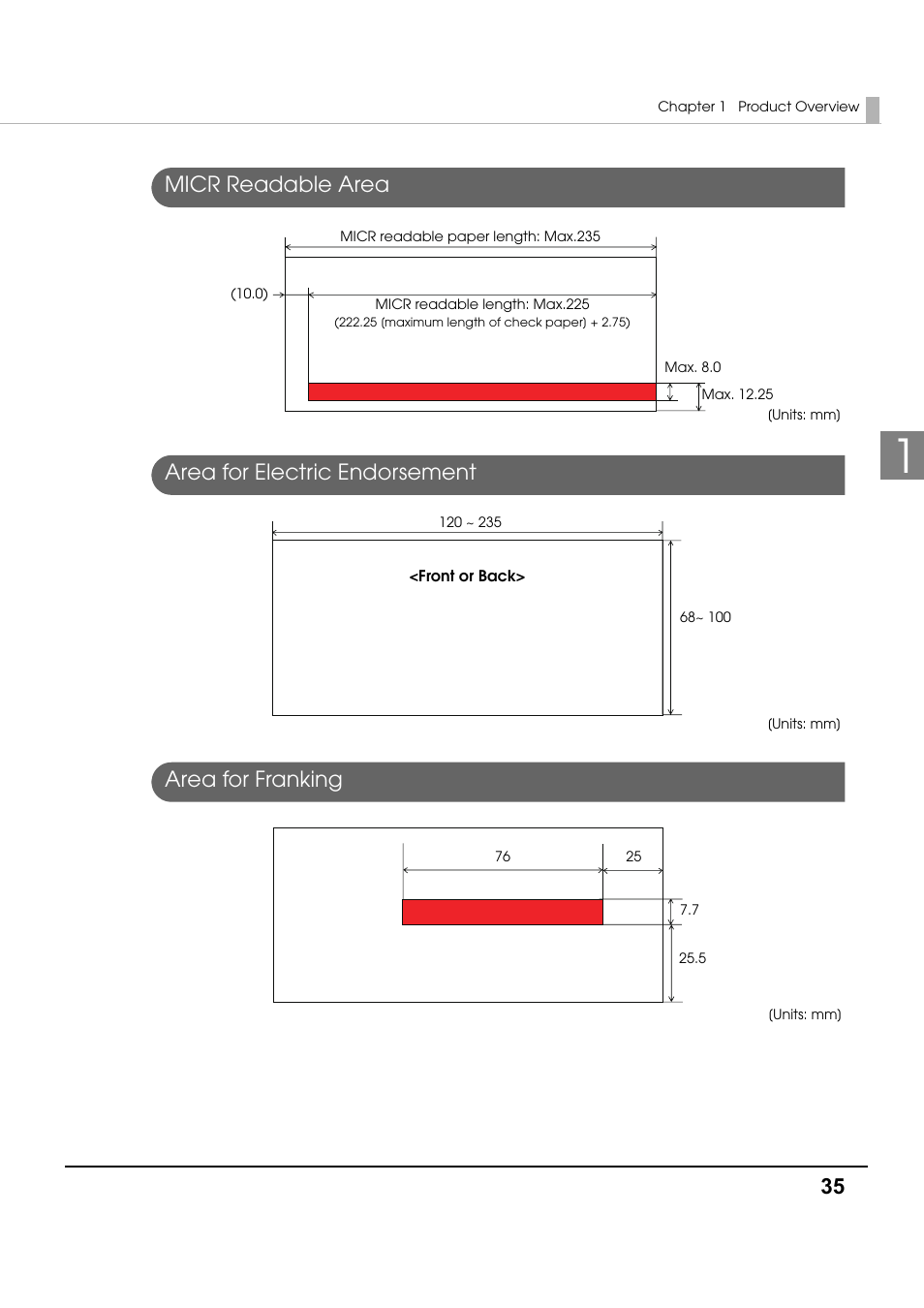 Micr readable area, Area for electric endorsement, Area for franking | Epson TM-S1000 User Manual | Page 35 / 58