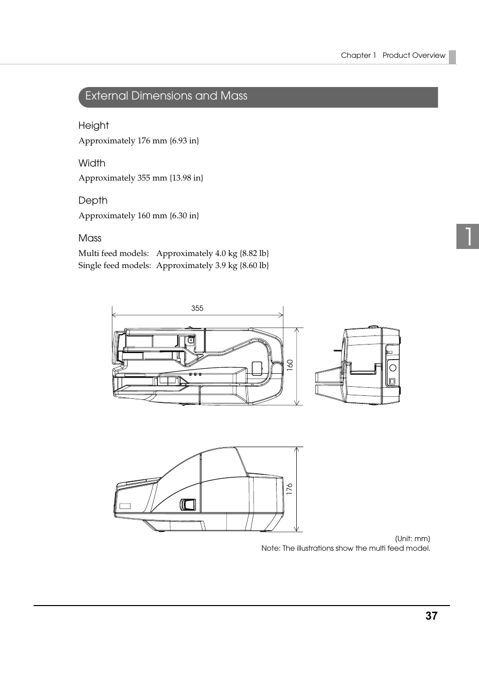 External dimensions and mass | Epson TM-S1000 User Manual | Page 37 / 58