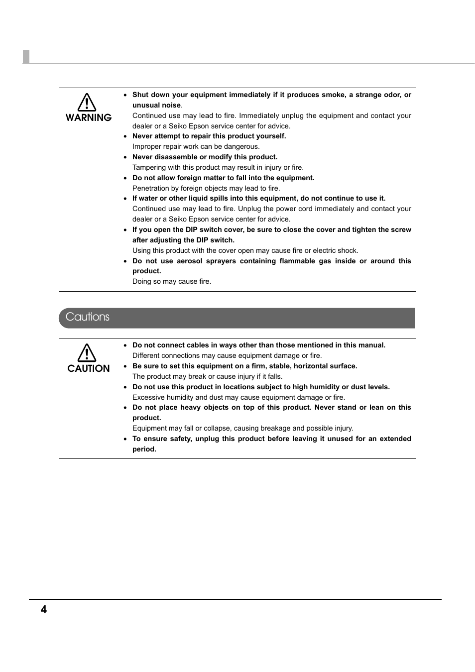 Cautions, 4cautions, Warning | Caution | Epson TM-S1000 User Manual | Page 4 / 58