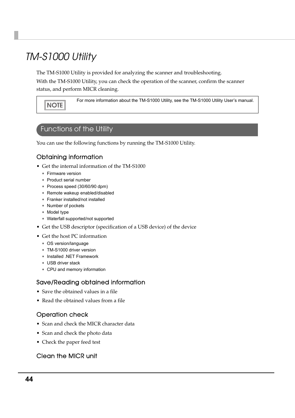 Tm-s1000 utility, Functions of the utility | Epson TM-S1000 User Manual | Page 44 / 58