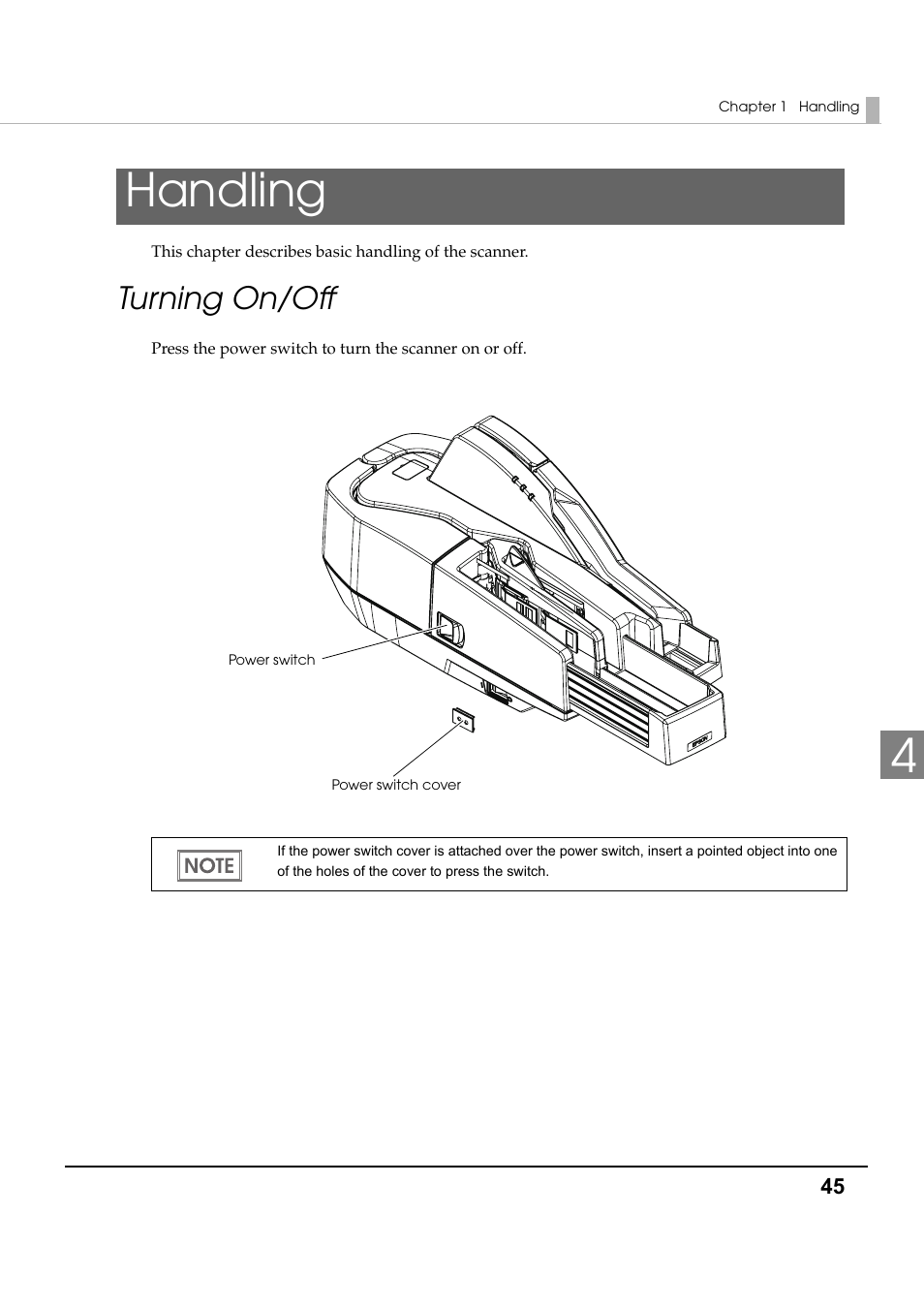 Handling, Turning on/off, 4handling | Epson TM-S1000 User Manual | Page 45 / 58