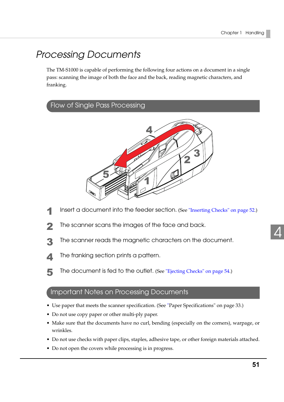 Processing documents, Flow of single pass processing, Important notes on processing documents | Epson TM-S1000 User Manual | Page 51 / 58