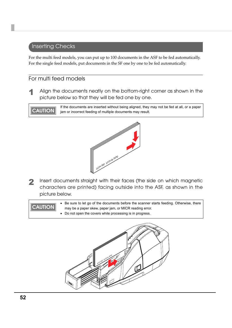 Inserting checks, 52 inserting checks, For multi feed models | Epson TM-S1000 User Manual | Page 52 / 58