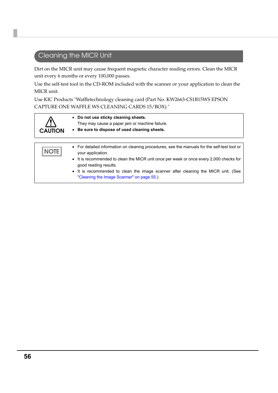 Cleaning the micr unit, 56 cleaning the micr unit | Epson TM-S1000 User Manual | Page 56 / 58