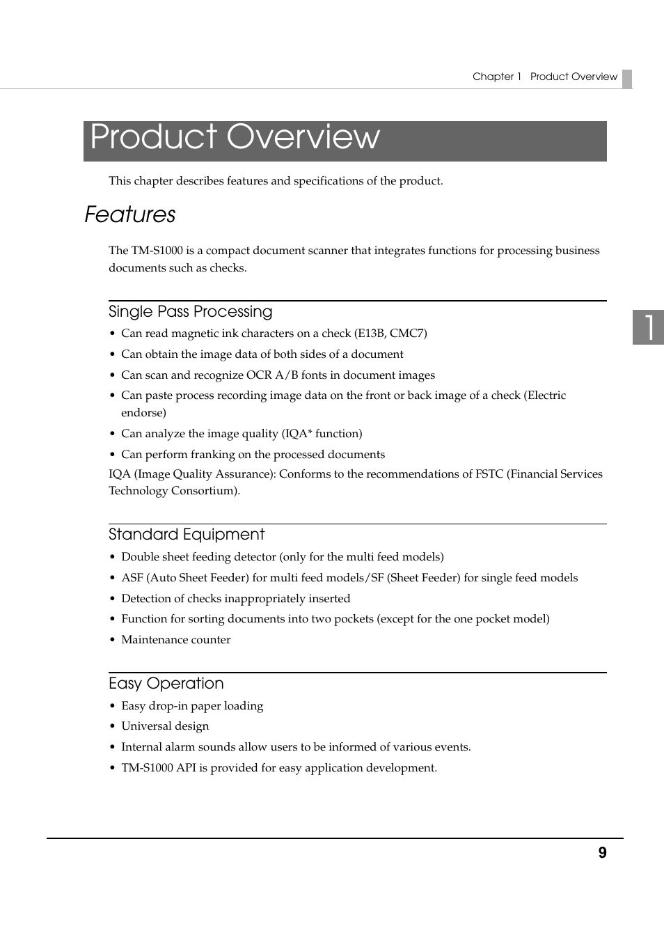 Product overview, Features, 1product overview | Epson TM-S1000 User Manual | Page 9 / 58