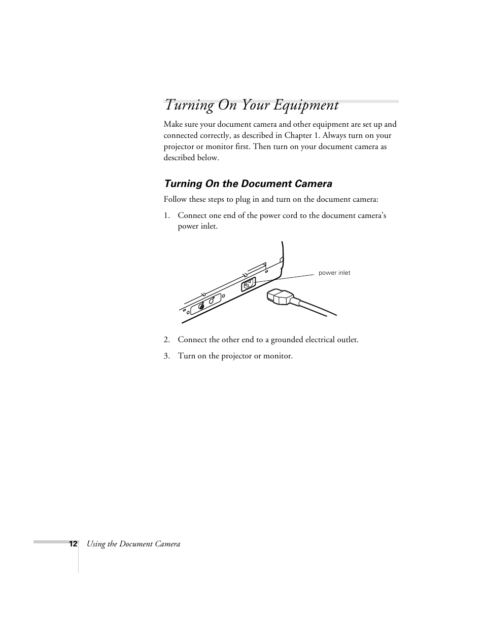 Turning on your equipment, Turning on the document camera | Epson ELPDC03 User Manual | Page 16 / 44
