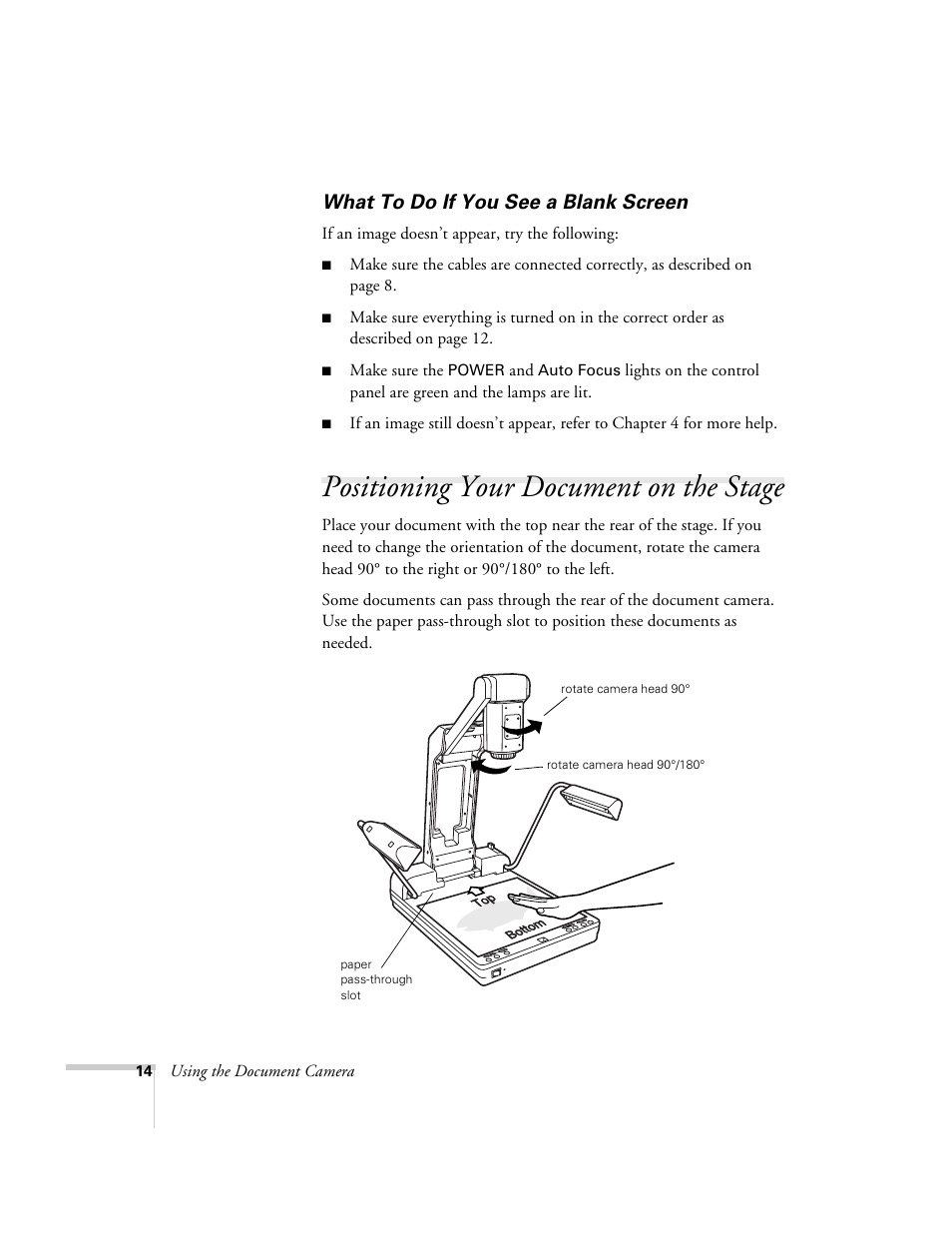 What to do if you see a blank screen, Positioning your document on the stage | Epson ELPDC03 User Manual | Page 18 / 44