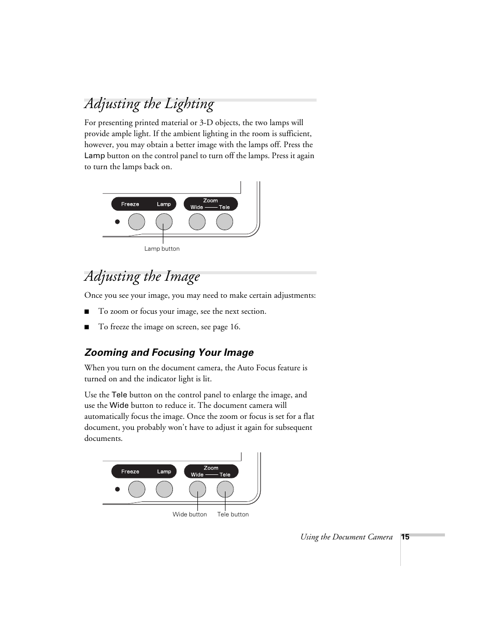 Adjusting the lighting, Adjusting the image, Zooming and focusing your image | Adjusting the lighting adjusting the image | Epson ELPDC03 User Manual | Page 19 / 44