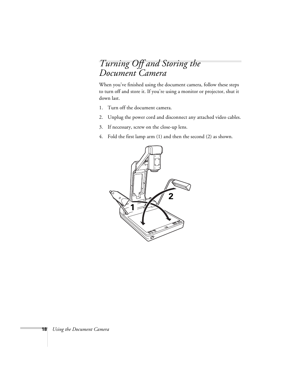 Turning off and storing the document camera | Epson ELPDC03 User Manual | Page 22 / 44