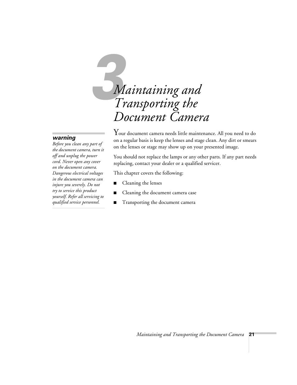 Maintaining and transporting the document camera | Epson ELPDC03 User Manual | Page 25 / 44