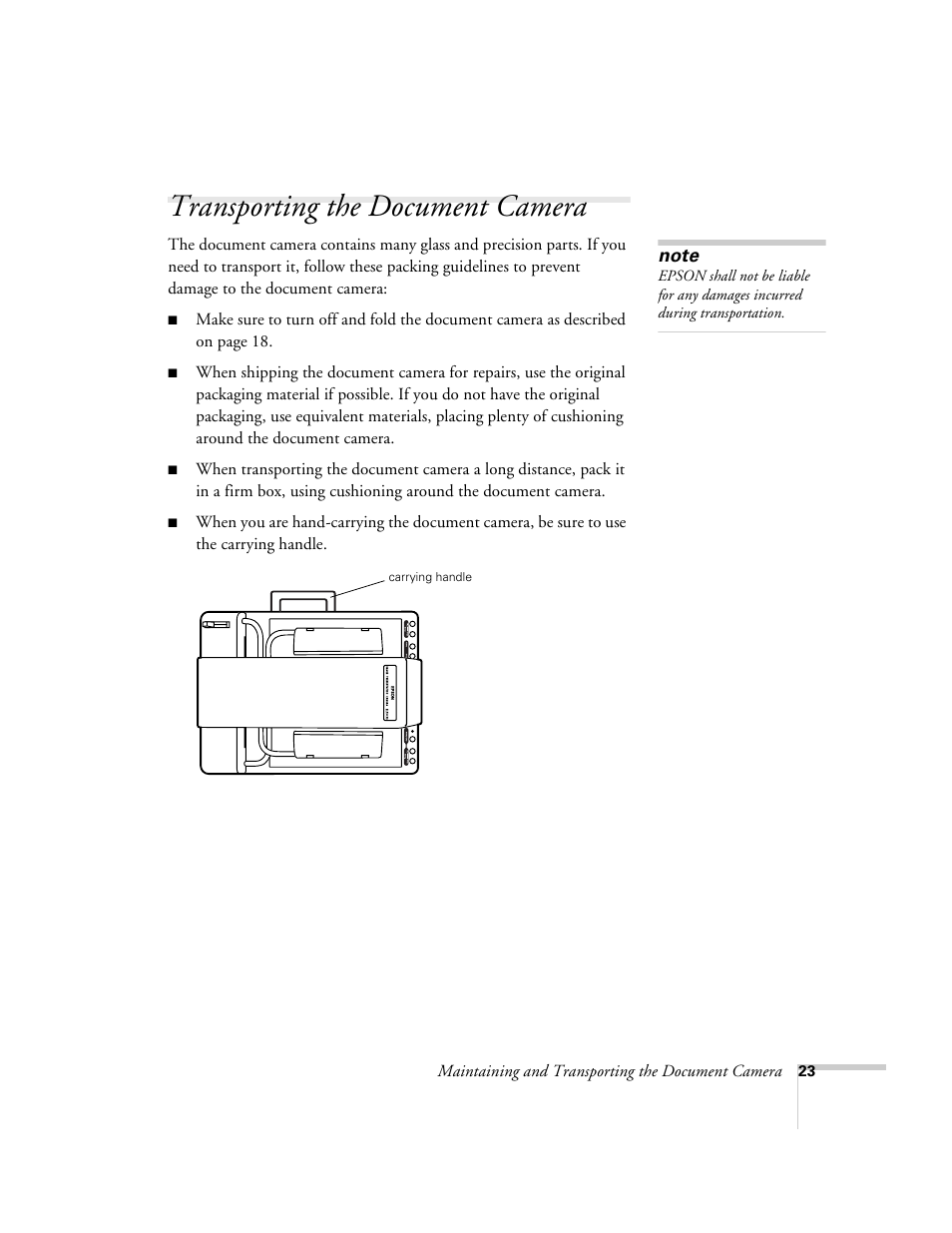 Transporting the document camera | Epson ELPDC03 User Manual | Page 27 / 44